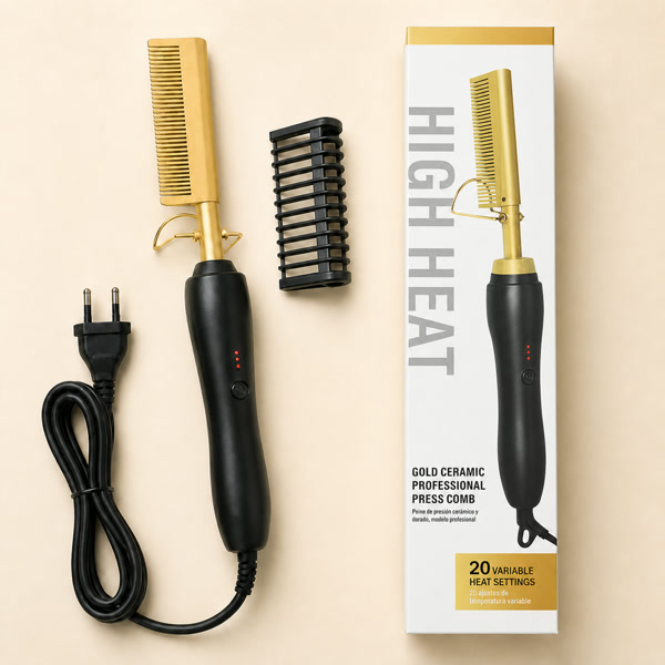 The gold heated comb with its cable and packaging