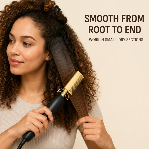 The heated comb shown beside hair to illustrate the styling motion