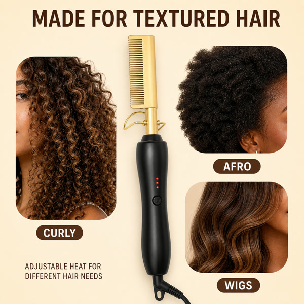 Curly hair, coily hair and a wig illustrated next to the heated comb