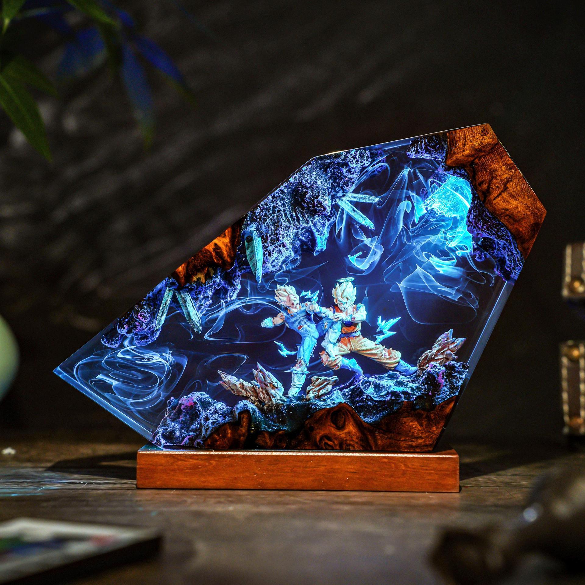 Two-Warrior Energy Scene Resin Display Lamp — Blue Glow Two-figure resin display lamp with blue illuminated effects and rocky details