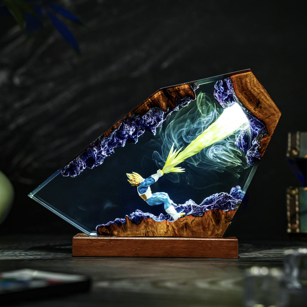 Blue-Suit Energy Beam Resin Display Lamp — Warm Beam Blue-clad figure and yellow energy beam in angled resin display lamp