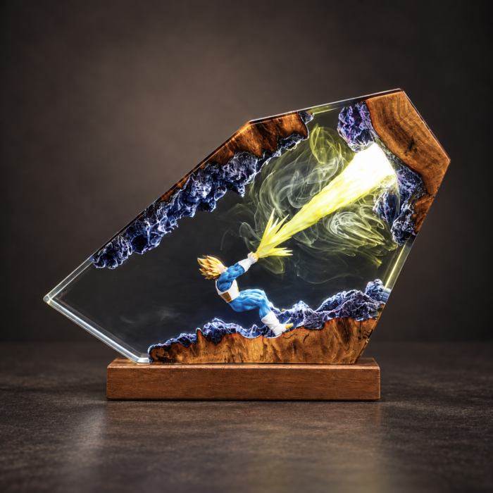 Blue-suit energy beam resin display lamp with yellow illumination on a studio tabletop